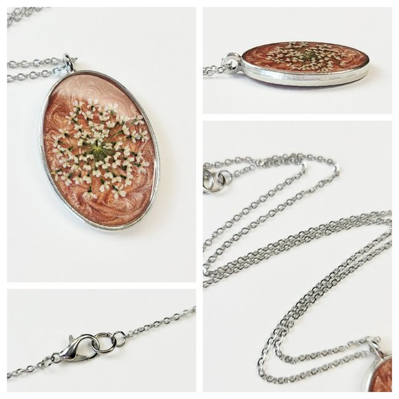 Floral Pendant Necklace Metallic Copper and Cream Pressed Dried Flower Pendant - Picture 5 of 10